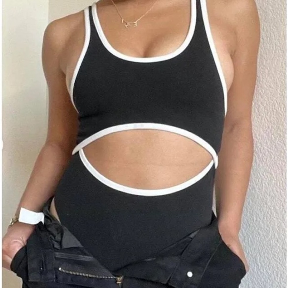 Chic Black and White Cutout bodysuit- urban outfitters